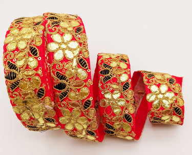Red Fabric Trim In Black & Gold Floral Embroidery, Gota Patti Trim, Indian Flower Border
